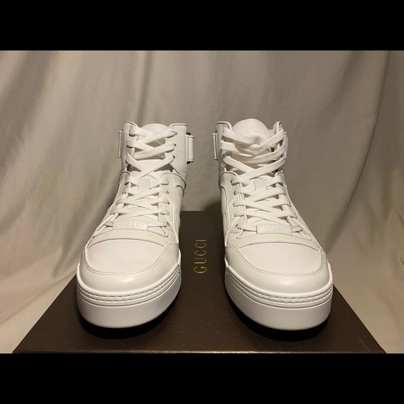 NEW $950 GUCCI CLASSIC WHITE BLACK HIGH TOP SHOES - Picture 2 of 7